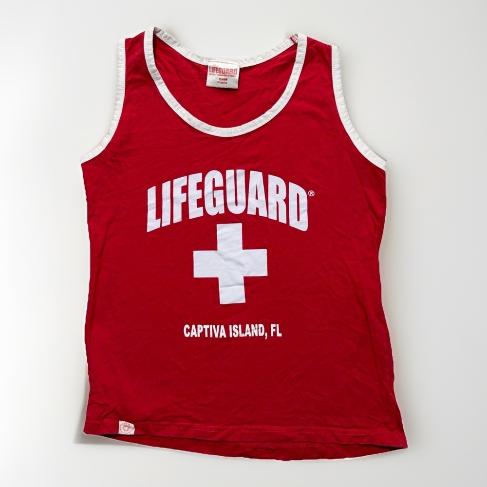 Lifeguard Tank Top Mens M Red Captiva Island FL Cotton Ringer Coastal Beach Y2K